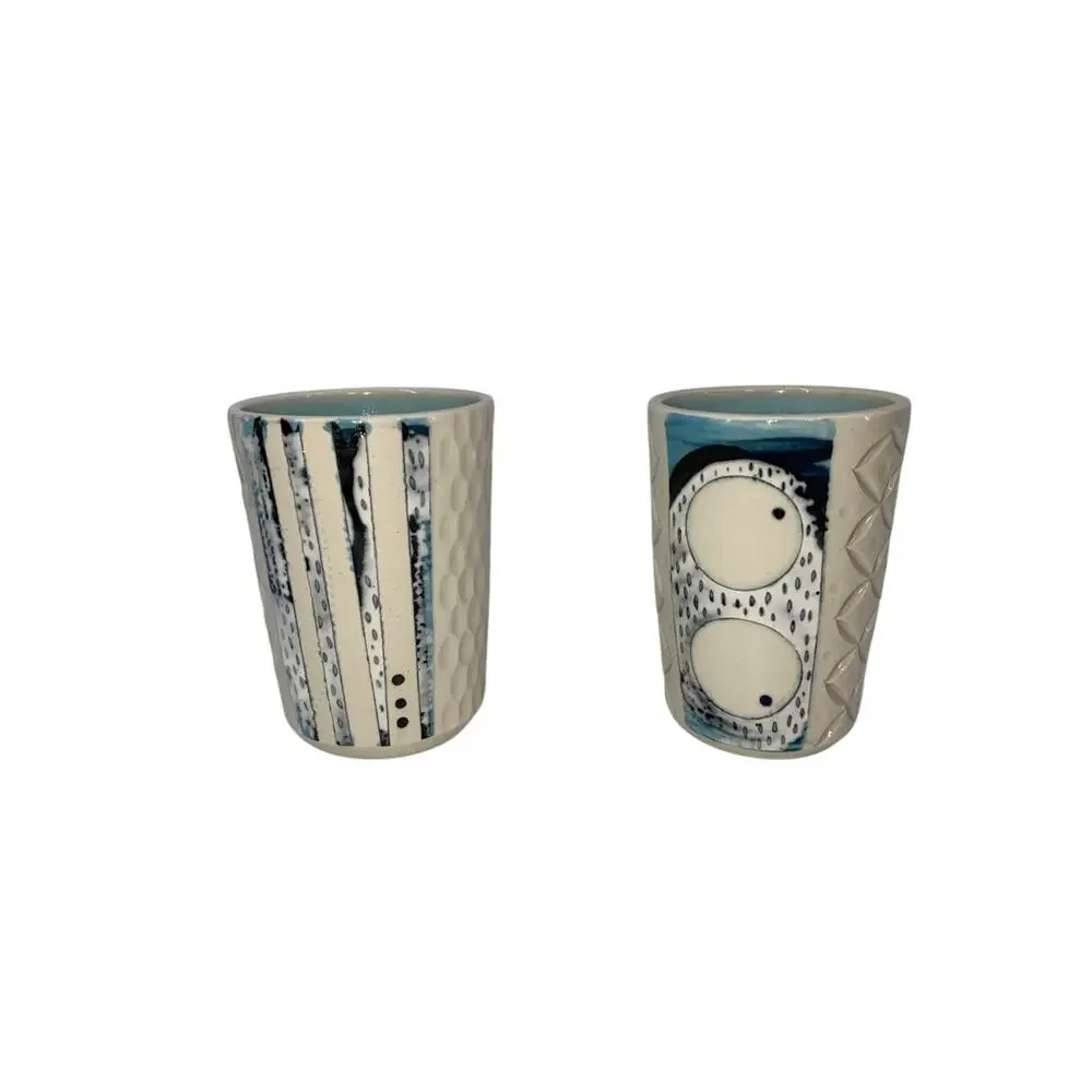 Set of 2 Studio Art Pottery Tumblers Beige Blue Glasses Signed